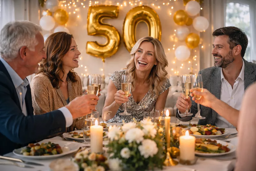 Gäster som firar en elegant 50-årsfest med middag och dekorationer – champagne, guldballonger och ljus i en festlig och stilfull atmosfär.